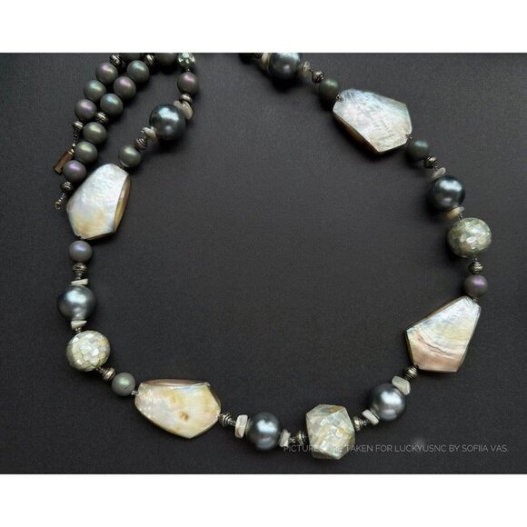 Vintage Rainbow Shell 4, Mozaic & grey ball beaded Statement Necklace 33” - Picture 2 of 6